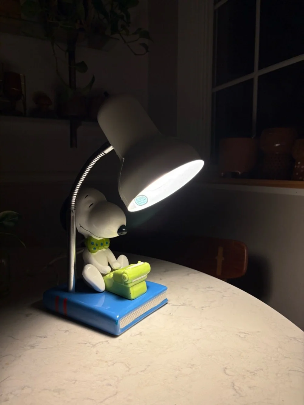 Vintage MCM 1960s Ceramic Snoopy Desk Lamp in White, Blue & Green